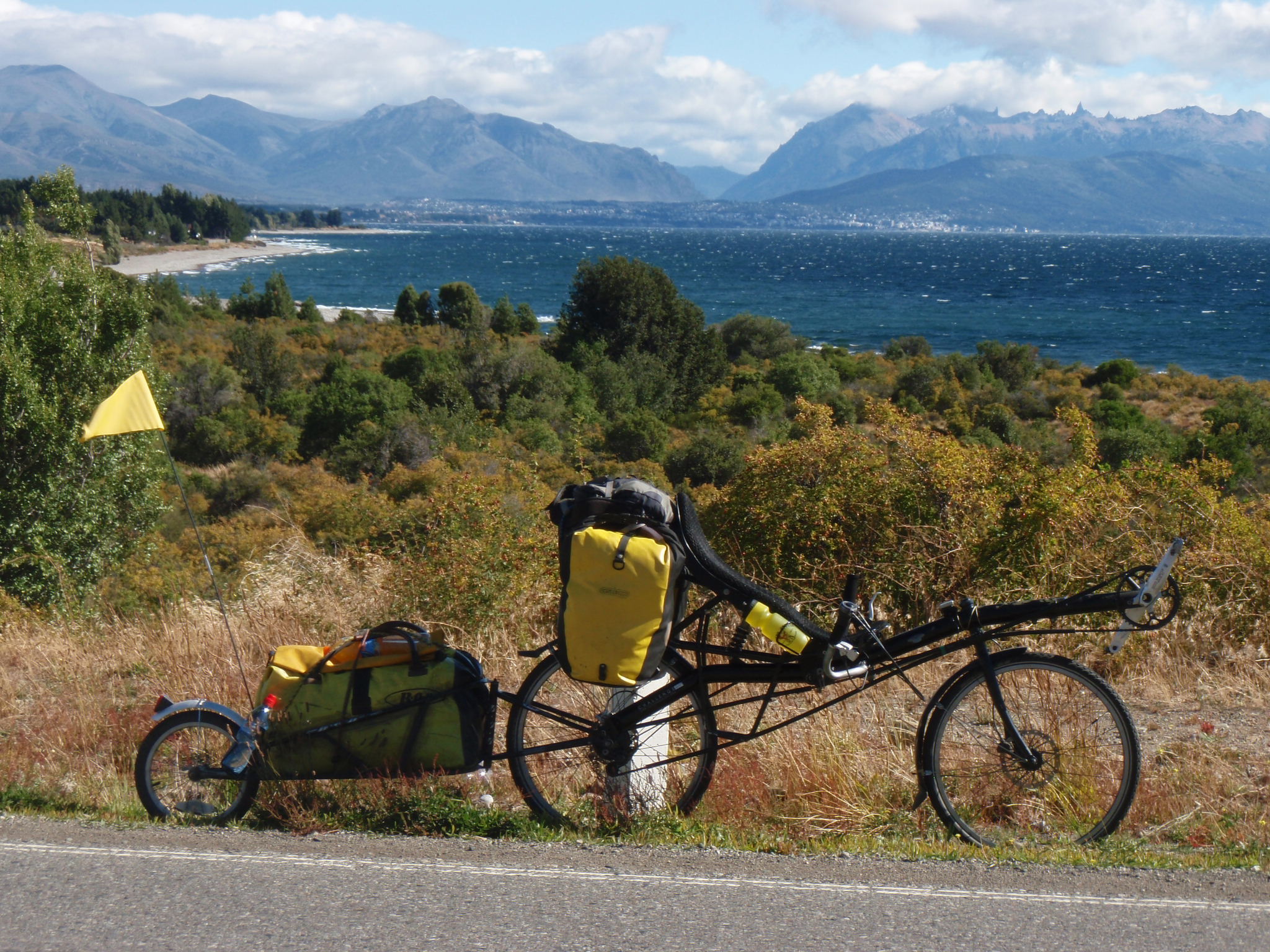 Leaving Bariloche (in background) and riding along Lago Nahuel Huapi