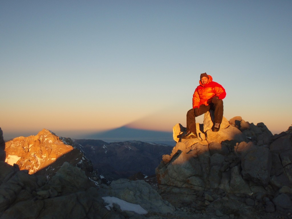 Aconcagua casting its shadow at Camp Colera (Camp 3) at 6,000 m the evening before our summit push.
